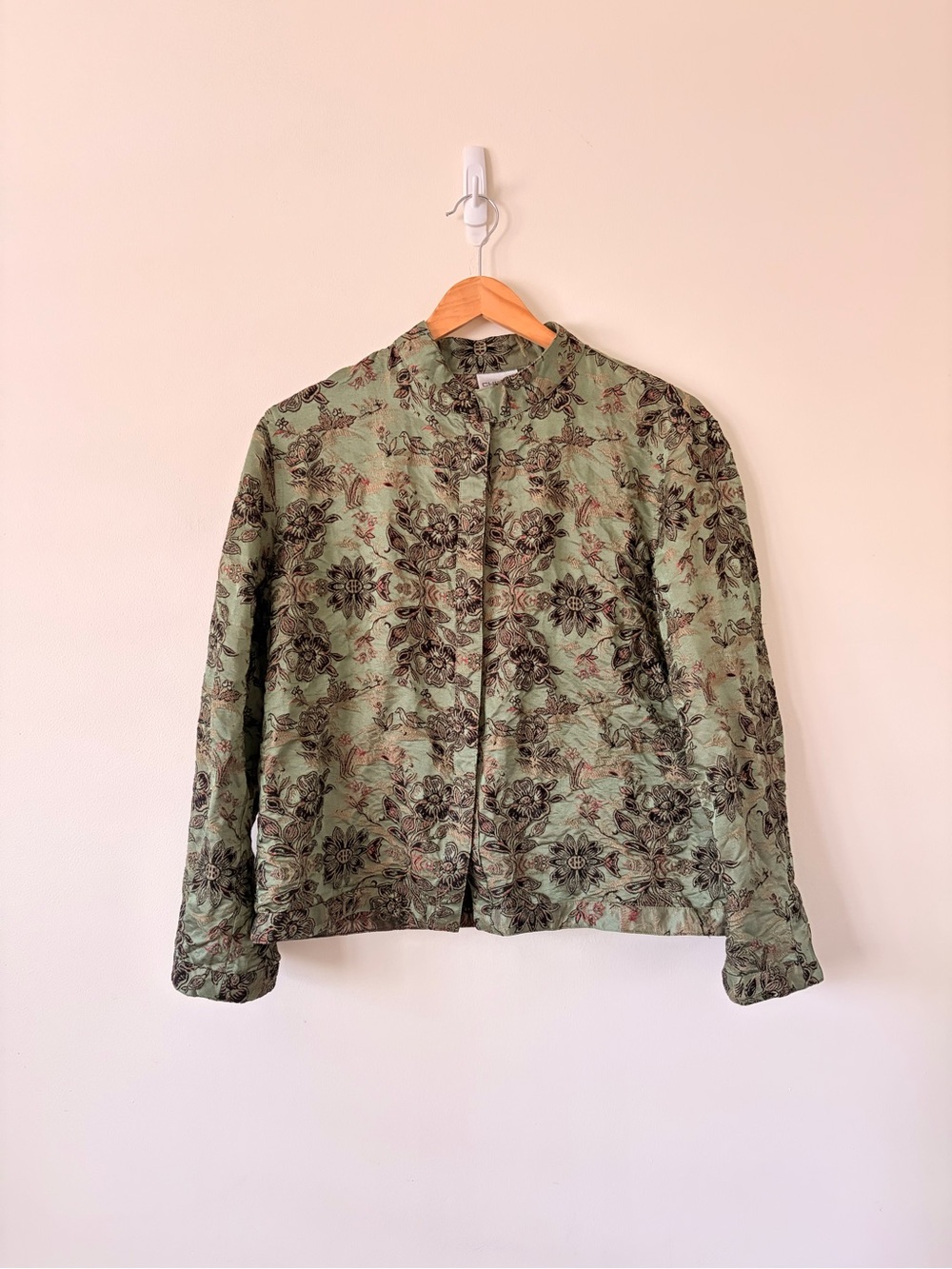 Chico's Olive Green Floral Mandarin Collar Jacket Small